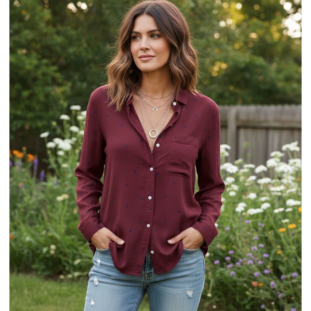 Old Navy M Top Burgundy Dot Button Rayon Casual Preppy Academia Cottage Office